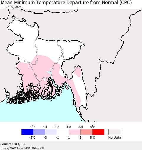 Bangladesh Mean Minimum Temperature Departure from Normal (CPC) Thematic Map For 7/3/2023 - 7/9/2023