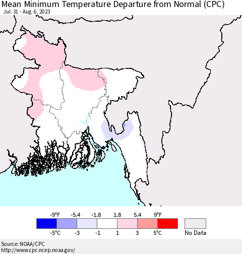 Bangladesh Mean Minimum Temperature Departure from Normal (CPC) Thematic Map For 7/31/2023 - 8/6/2023