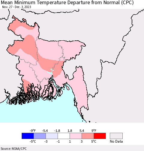 Bangladesh Mean Minimum Temperature Departure from Normal (CPC) Thematic Map For 11/27/2023 - 12/3/2023