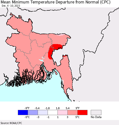 Bangladesh Mean Minimum Temperature Departure from Normal (CPC) Thematic Map For 12/4/2023 - 12/10/2023