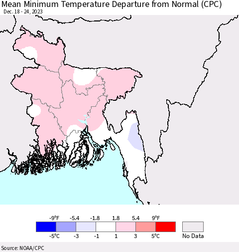 Bangladesh Mean Minimum Temperature Departure from Normal (CPC) Thematic Map For 12/18/2023 - 12/24/2023