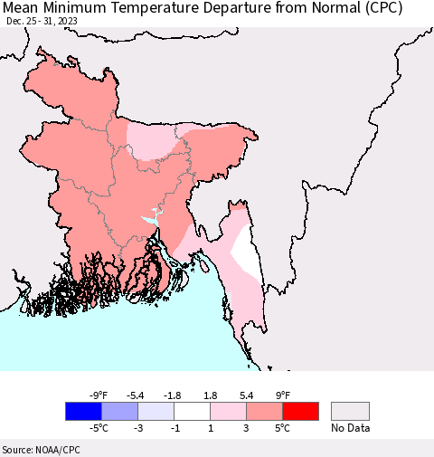 Bangladesh Mean Minimum Temperature Departure from Normal (CPC) Thematic Map For 12/25/2023 - 12/31/2023