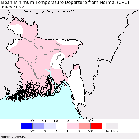 Bangladesh Mean Minimum Temperature Departure from Normal (CPC) Thematic Map For 3/25/2024 - 3/31/2024