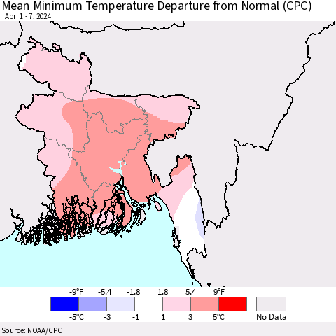 Bangladesh Mean Minimum Temperature Departure from Normal (CPC) Thematic Map For 4/1/2024 - 4/7/2024