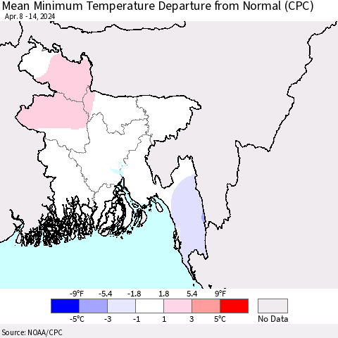 Bangladesh Mean Minimum Temperature Departure from Normal (CPC) Thematic Map For 4/8/2024 - 4/14/2024