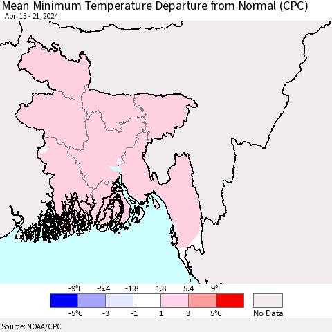Bangladesh Mean Minimum Temperature Departure from Normal (CPC) Thematic Map For 4/15/2024 - 4/21/2024