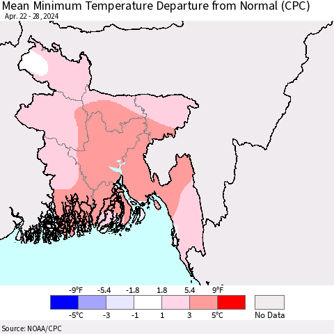 Bangladesh Mean Minimum Temperature Departure from Normal (CPC) Thematic Map For 4/22/2024 - 4/28/2024