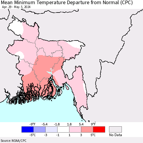 Bangladesh Mean Minimum Temperature Departure from Normal (CPC) Thematic Map For 4/29/2024 - 5/5/2024