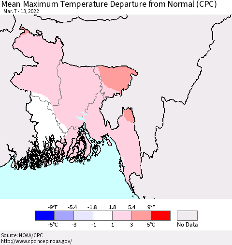 Bangladesh Mean Maximum Temperature Departure from Normal (CPC) Thematic Map For 3/7/2022 - 3/13/2022