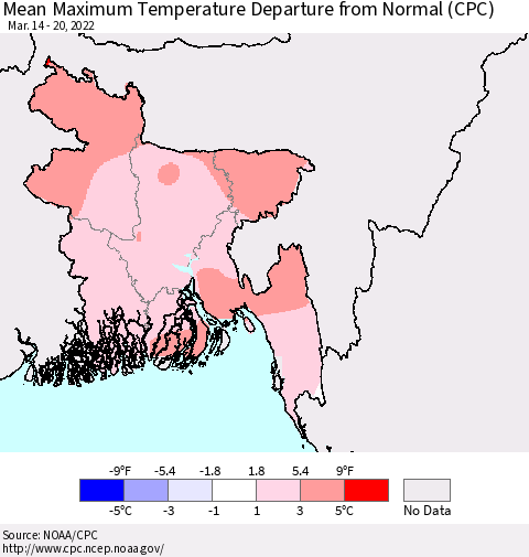 Bangladesh Mean Maximum Temperature Departure from Normal (CPC) Thematic Map For 3/14/2022 - 3/20/2022