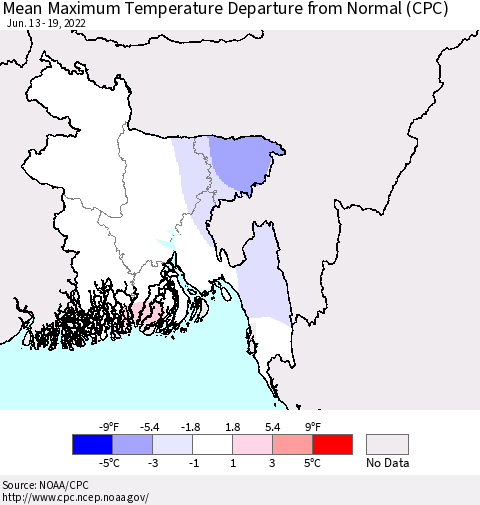 Bangladesh Mean Maximum Temperature Departure from Normal (CPC) Thematic Map For 6/13/2022 - 6/19/2022