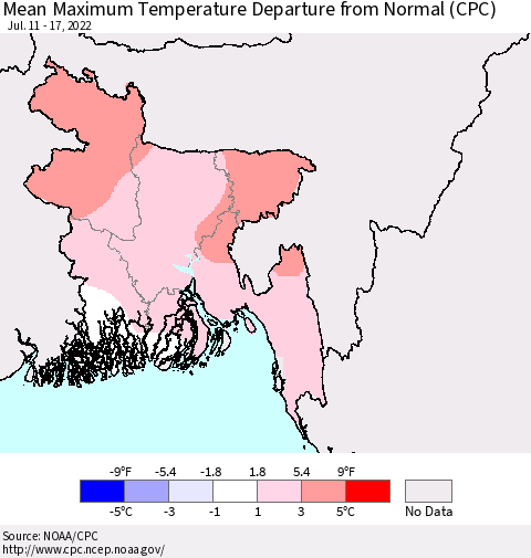 Bangladesh Mean Maximum Temperature Departure from Normal (CPC) Thematic Map For 7/11/2022 - 7/17/2022