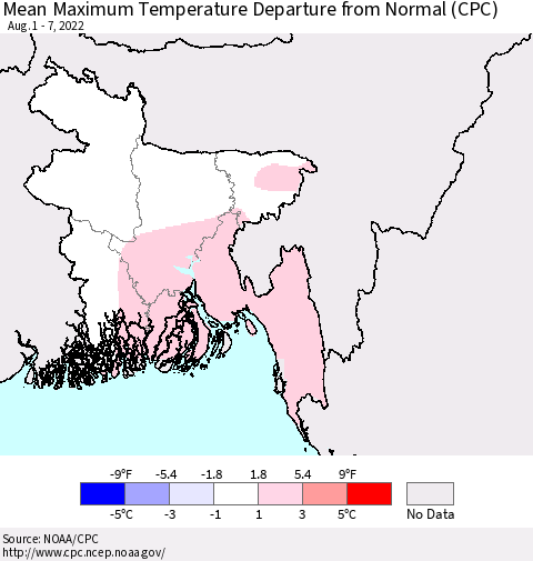 Bangladesh Mean Maximum Temperature Departure from Normal (CPC) Thematic Map For 8/1/2022 - 8/7/2022