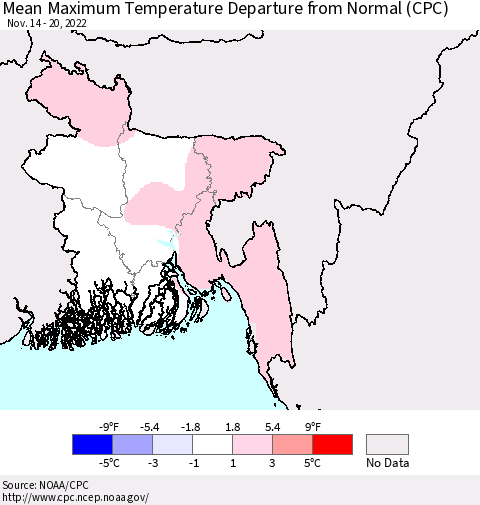 Bangladesh Mean Maximum Temperature Departure from Normal (CPC) Thematic Map For 11/14/2022 - 11/20/2022
