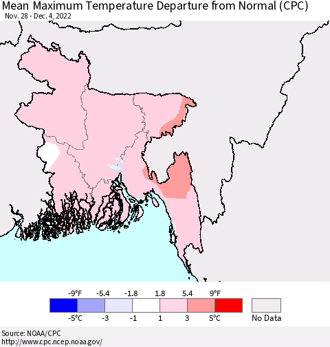 Bangladesh Mean Maximum Temperature Departure from Normal (CPC) Thematic Map For 11/28/2022 - 12/4/2022