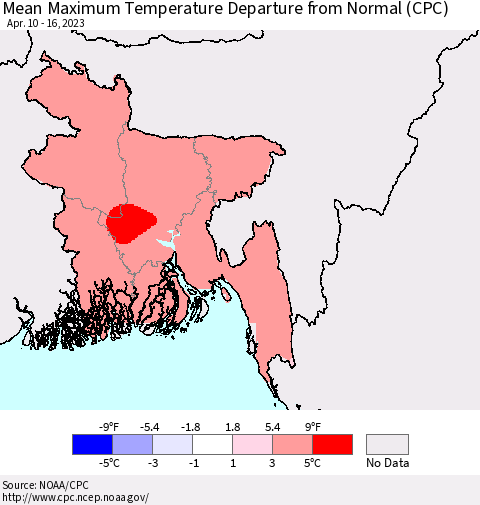 Bangladesh Mean Maximum Temperature Departure from Normal (CPC) Thematic Map For 4/10/2023 - 4/16/2023