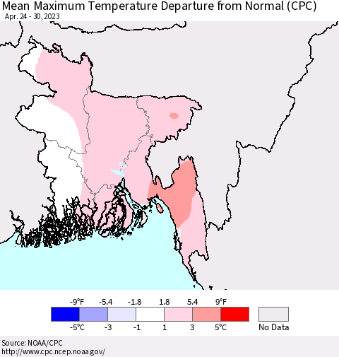 Bangladesh Mean Maximum Temperature Departure from Normal (CPC) Thematic Map For 4/24/2023 - 4/30/2023