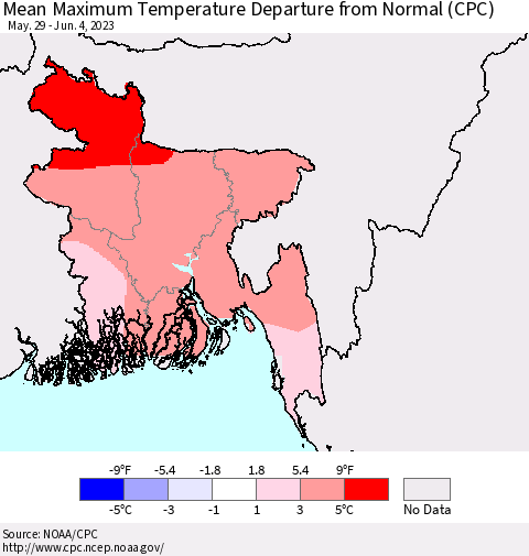 Bangladesh Mean Maximum Temperature Departure from Normal (CPC) Thematic Map For 5/29/2023 - 6/4/2023