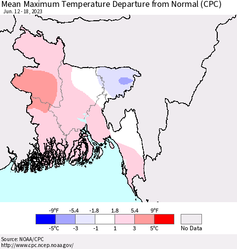 Bangladesh Mean Maximum Temperature Departure from Normal (CPC) Thematic Map For 6/12/2023 - 6/18/2023