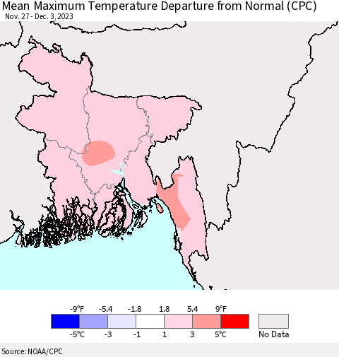 Bangladesh Mean Maximum Temperature Departure from Normal (CPC) Thematic Map For 11/27/2023 - 12/3/2023