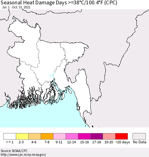 Bangladesh Seasonal Heat Damage Days >=38°C/100°F (CPC) Thematic Map For 7/1/2021 - 10/31/2021
