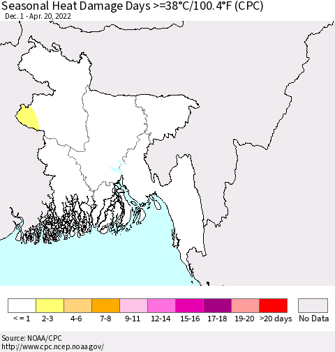 Bangladesh Seasonal Heat Damage Days >=38°C/100°F (CPC) Thematic Map For 12/1/2021 - 4/20/2022
