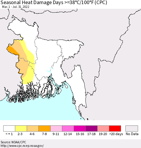 Bangladesh Seasonal Heat Damage Days >=38°C/100°F (CPC) Thematic Map For 3/1/2022 - 7/31/2022