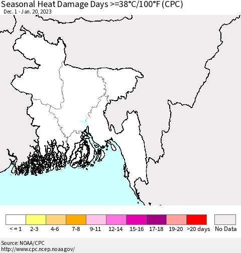 Bangladesh Seasonal Heat Damage Days >=38°C/100°F (CPC) Thematic Map For 12/1/2022 - 1/20/2023