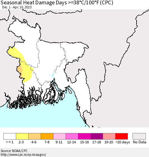 Bangladesh Seasonal Heat Damage Days >=38°C/100°F (CPC) Thematic Map For 12/1/2022 - 4/10/2023