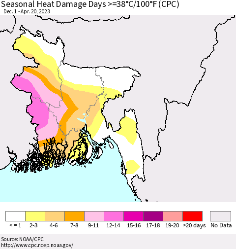 Bangladesh Seasonal Heat Damage Days >=38°C/100°F (CPC) Thematic Map For 12/1/2022 - 4/20/2023