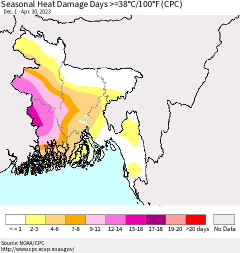 Bangladesh Seasonal Heat Damage Days >=38°C/100°F (CPC) Thematic Map For 12/1/2022 - 4/30/2023
