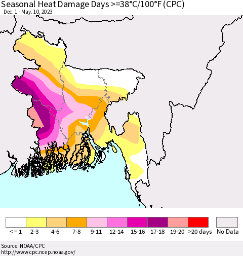 Bangladesh Seasonal Heat Damage Days >=38°C/100°F (CPC) Thematic Map For 12/1/2022 - 5/10/2023