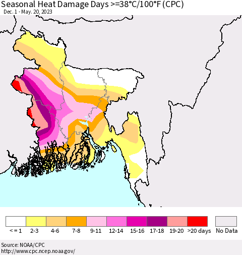 Bangladesh Seasonal Heat Damage Days >=38°C/100°F (CPC) Thematic Map For 12/1/2022 - 5/20/2023