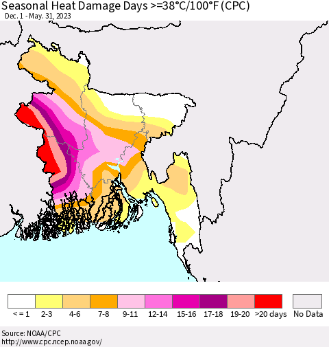 Bangladesh Seasonal Heat Damage Days >=38°C/100°F (CPC) Thematic Map For 12/1/2022 - 5/31/2023