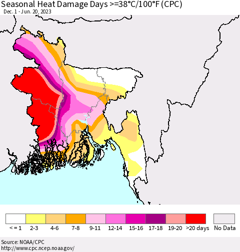 Bangladesh Seasonal Heat Damage Days >=38°C/100°F (CPC) Thematic Map For 12/1/2022 - 6/20/2023