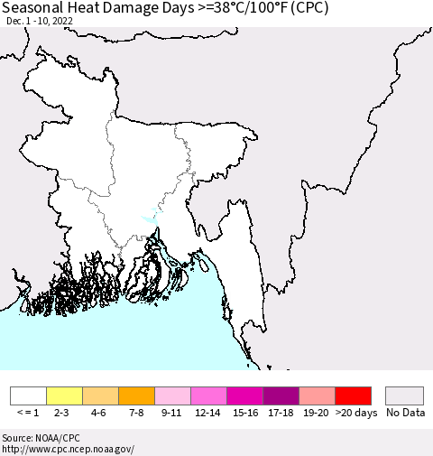 Bangladesh Seasonal Heat Damage Days >=38°C/100°F (CPC) Thematic Map For 12/1/2022 - 12/10/2022