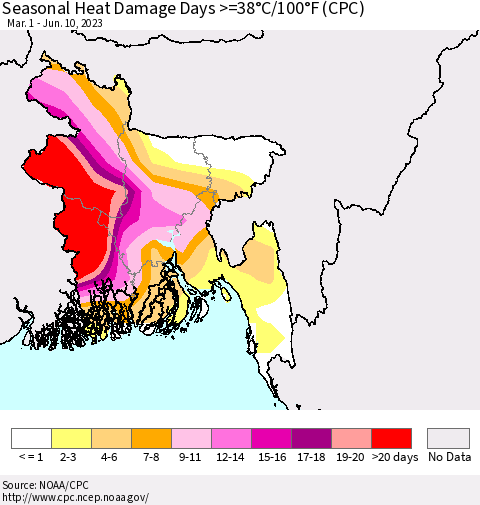 Bangladesh Seasonal Heat Damage Days >=38°C/100°F (CPC) Thematic Map For 3/1/2023 - 6/10/2023