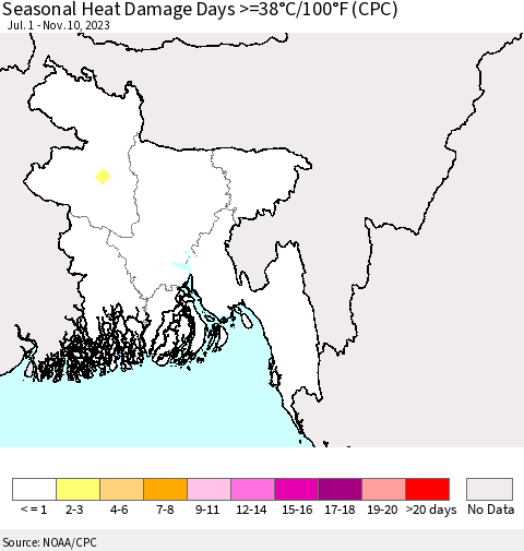 Bangladesh Seasonal Heat Damage Days >=38°C/100°F (CPC) Thematic Map For 7/1/2023 - 11/10/2023