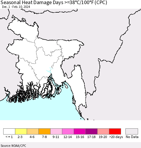 Bangladesh Seasonal Heat Damage Days >=38°C/100°F (CPC) Thematic Map For 12/1/2023 - 2/10/2024