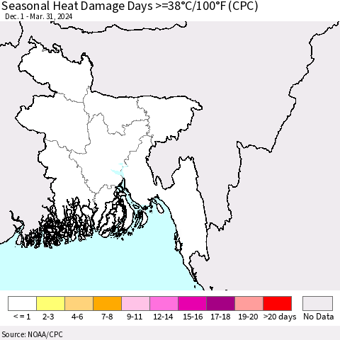 Bangladesh Seasonal Heat Damage Days >=38°C/100°F (CPC) Thematic Map For 12/1/2023 - 3/31/2024