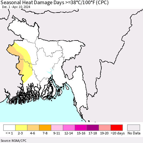 Bangladesh Seasonal Heat Damage Days >=38°C/100°F (CPC) Thematic Map For 12/1/2023 - 4/10/2024
