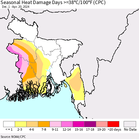 Bangladesh Seasonal Heat Damage Days >=38°C/100°F (CPC) Thematic Map For 12/1/2023 - 4/20/2024