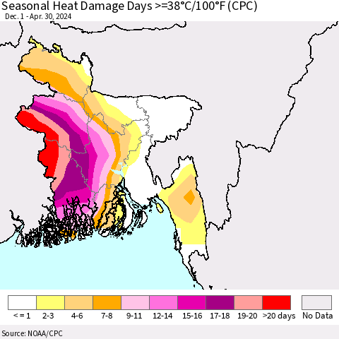 Bangladesh Seasonal Heat Damage Days >=38°C/100°F (CPC) Thematic Map For 12/1/2023 - 4/30/2024
