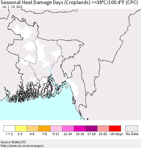Bangladesh Seasonal Heat Damage Days (Croplands) >=38°C/100°F (CPC) Thematic Map For 7/1/2021 - 7/10/2021