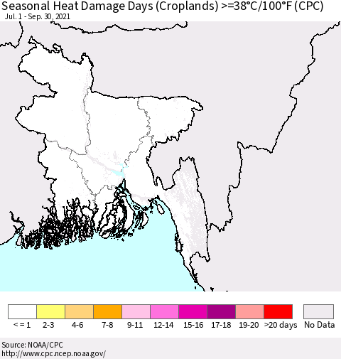 Bangladesh Seasonal Heat Damage Days (Croplands) >=38°C/100°F (CPC) Thematic Map For 7/1/2021 - 9/30/2021