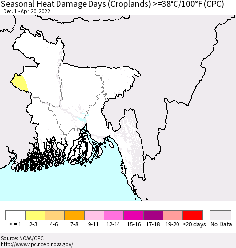 Bangladesh Seasonal Heat Damage Days (Croplands) >=38°C/100°F (CPC) Thematic Map For 12/1/2021 - 4/20/2022