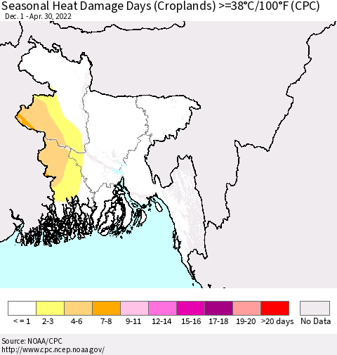 Bangladesh Seasonal Heat Damage Days (Croplands) >=38°C/100°F (CPC) Thematic Map For 12/1/2021 - 4/30/2022