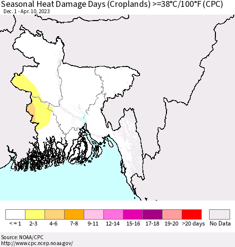 Bangladesh Seasonal Heat Damage Days (Croplands) >=38°C/100°F (CPC) Thematic Map For 12/1/2022 - 4/10/2023