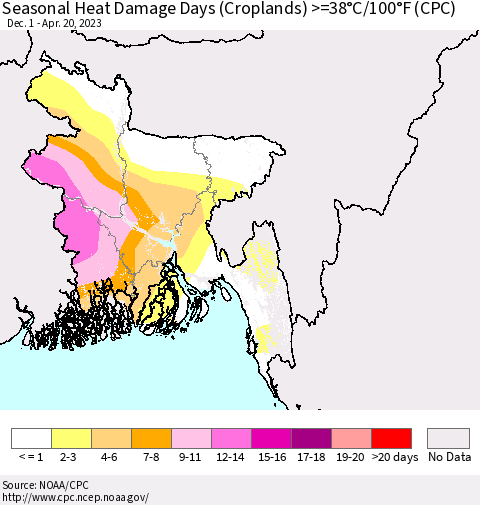 Bangladesh Seasonal Heat Damage Days (Croplands) >=38°C/100°F (CPC) Thematic Map For 12/1/2022 - 4/20/2023