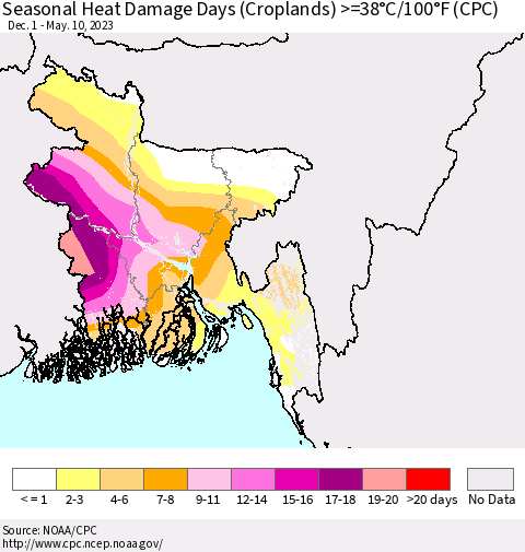 Bangladesh Seasonal Heat Damage Days (Croplands) >=38°C/100°F (CPC) Thematic Map For 12/1/2022 - 5/10/2023